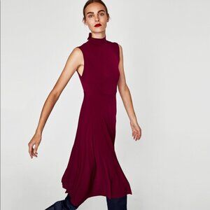 NWT Zara Burgundy XS S Plum Bow Neck Tie Bow Jersey Fit Flare Flowy A-Line Midi